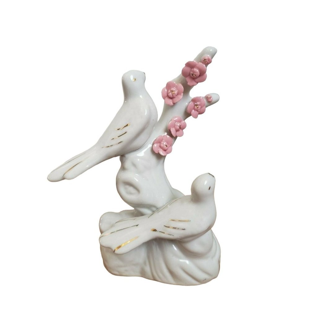 Vintage Ceramic Two Birds On Branch Figurine with Pink Flowers